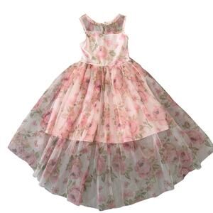 Little girl pink floral sheer mesh tulle sleeveless dresses Size M
